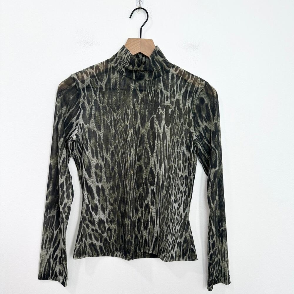 St. John Mesh Mock Turtleneck Top Long Sleeves Leopard Animal Print size P 2